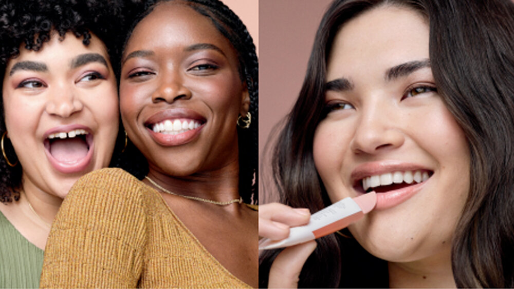 Photo of women smiling and a girl putting on lipstick